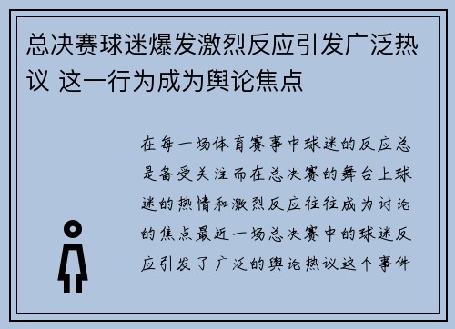总决赛球迷爆发激烈反应引发广泛热议 这一行为成为舆论焦点