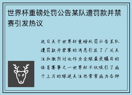 世界杯重磅处罚公告某队遭罚款并禁赛引发热议 世界杯重磅处罚公告某队遭罚款并禁赛引发热议