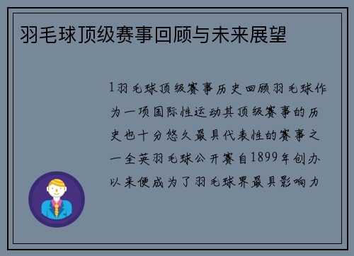 羽毛球顶级赛事回顾与未来展望