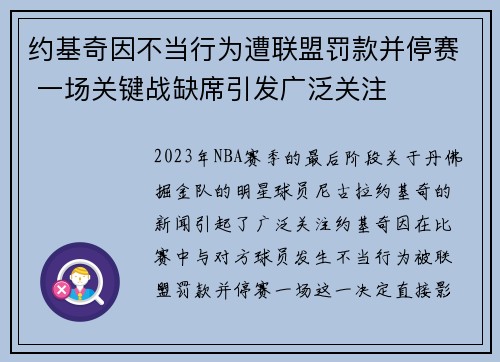 约基奇因不当行为遭联盟罚款并停赛 一场关键战缺席引发广泛关注