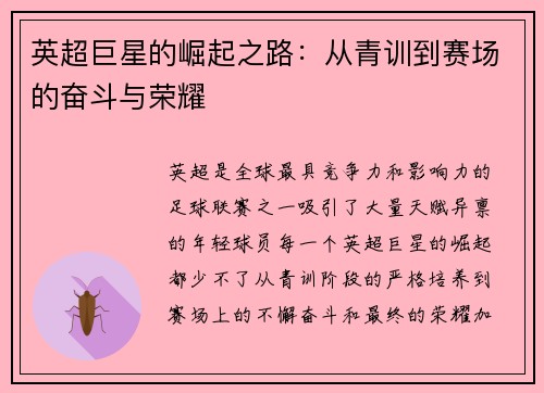 英超巨星的崛起之路：从青训到赛场的奋斗与荣耀